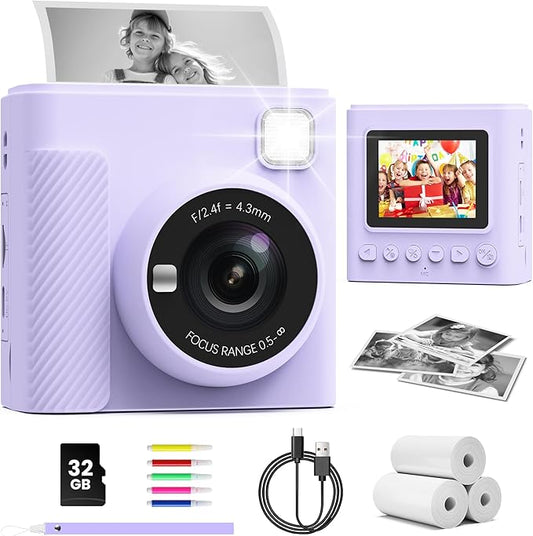 Kids Instant Print Camera, Christmas Birthday Gifts for Girls and Boys, 1080P HD Video Digital Kids Camera with Print Paper & 32G Card, Toddler Toy for 3-14 Years Old (Purple)