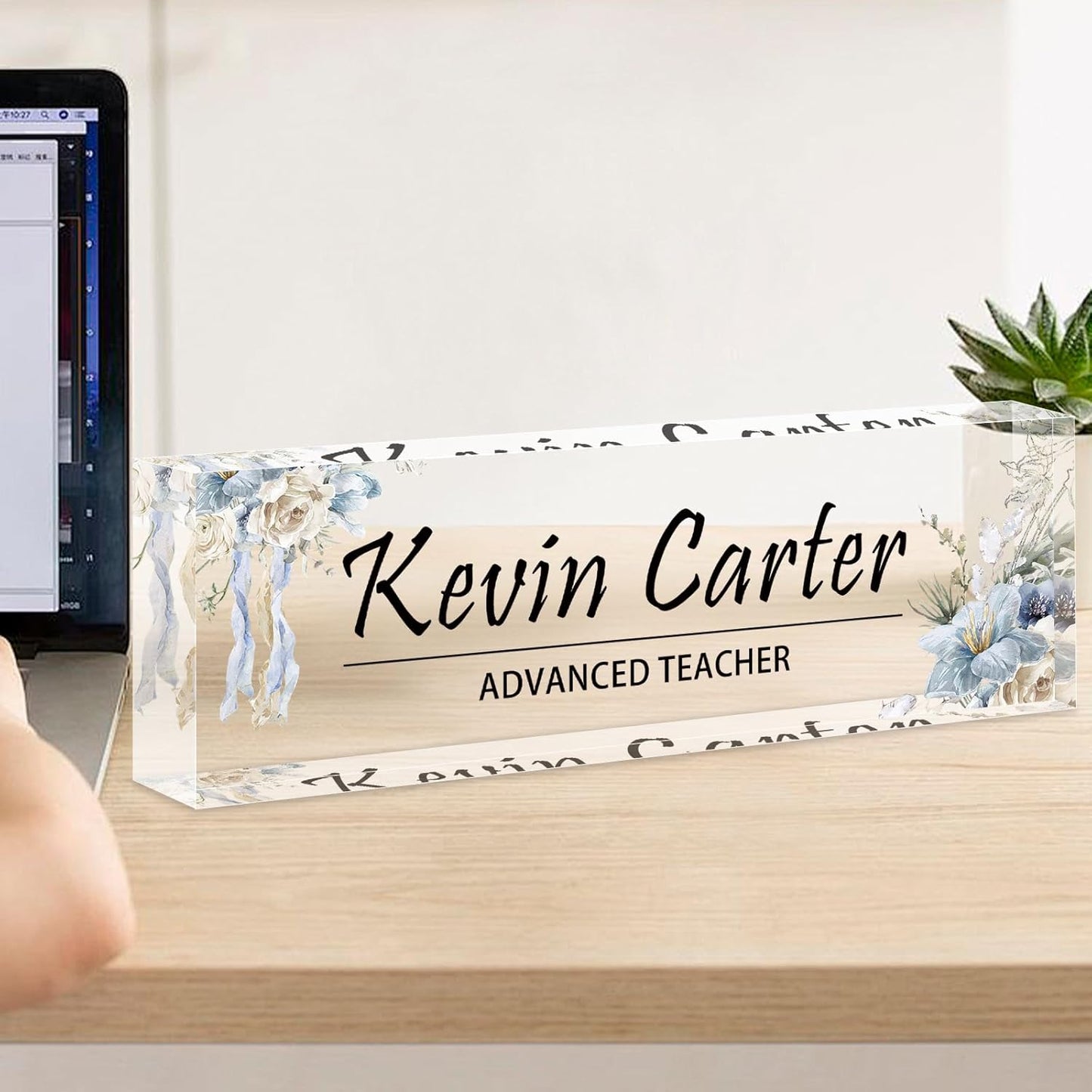 Name Plate for Desk Personalized, Acrylic Desk Decorations, Employee Appreciation Gifts, Custom Office Gifts for Coworkers, Boss, Teacher, Nurse (White Blue Flowers)