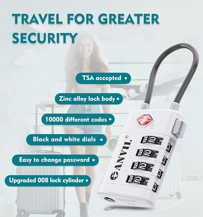 ANVIL 4 Digit Luggage Locks, TSA Locks for Luggage, Advanced TSA008 core, Alert Indicator for Your Travel Lock, Suitcase Lock. (2, White)