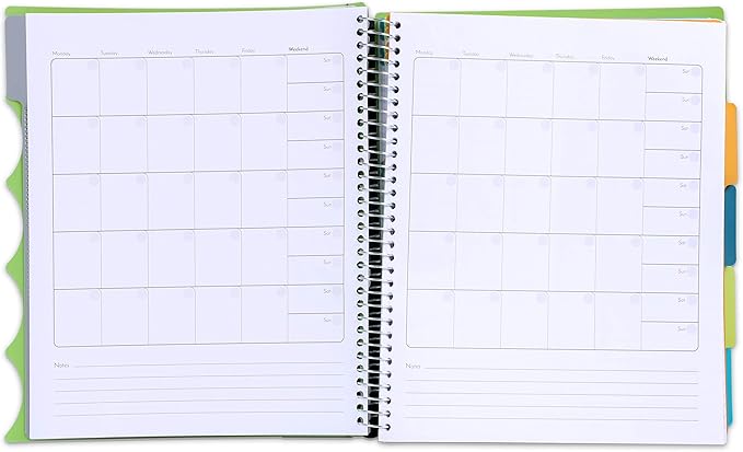 Mintra Office Durable Premium Spiral Notebook, ((Green, 5 Subject, 8.5in x 11in)), Fabric Covered Coils, No Snags, Removable Adjustable Pocket Dividers, Ruler, Organization, Customizable