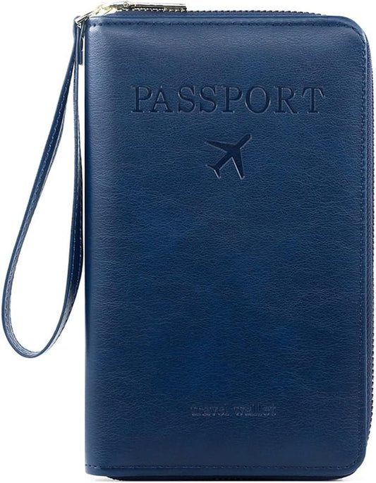 S-11 RFID Blocking Passport Holder Travel Wallet, Slim Zipper Card Case with ID Window, Boarding Pass Slot & Credit Card Organizer for Men and Women. (Navy Blue)