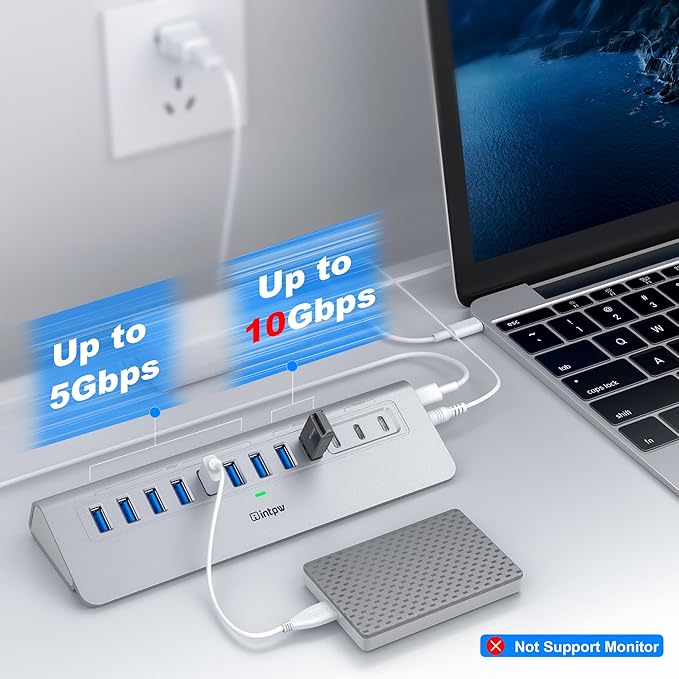Powered USB Hub 10Gbps, intpw 12 Port USB C Hub with 10Gbps USB C 3.2, 2 USB A 3.2, 7 USB 3.0, 2 PD 45W Charging Ports, 65W Power Adapter and 3.3FT Cable, Aluminum USB Hub for Laptop, iPhone16/15, PC