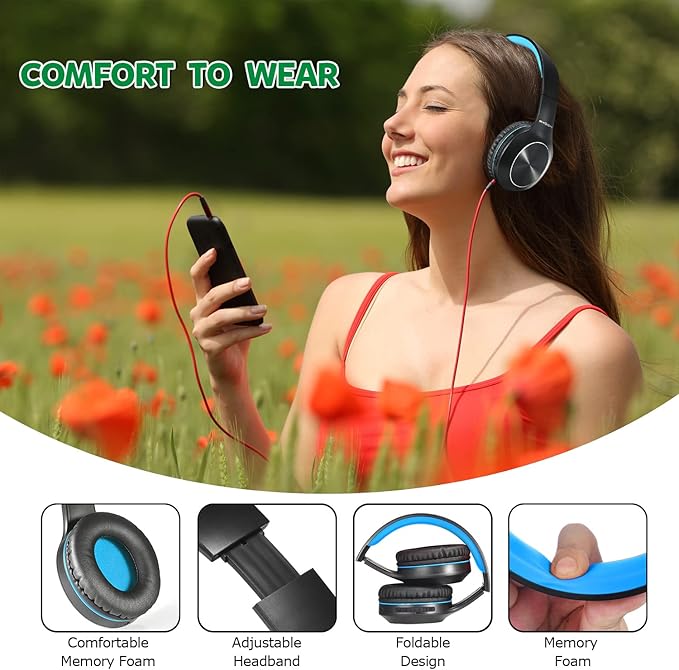 Bluetooth Headphones Over Ear, 68H Playtime 3 EQ Music Modes Wireless Headphones with Microphone/Deep Bass, Foldable Lightweight Headset for PC Home Travel Office(Black Blue)