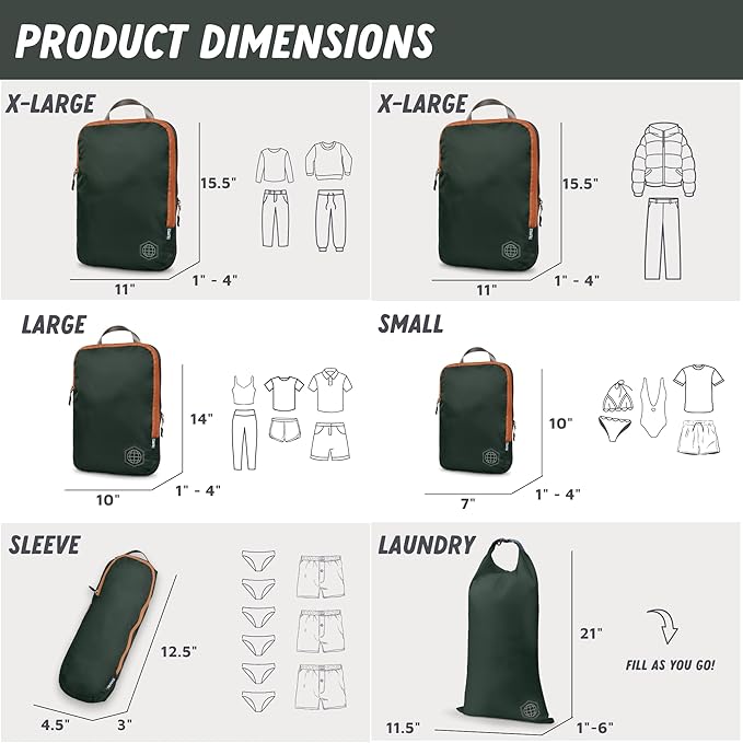 Large Compression Packing Cubes for Travel-Packing Cube Luggage Organizers 7 Piece Set for Checked Luggage-Ultralight, Expandable/Compression Bags by TRIPPED Travel Gear (Green and Brown)