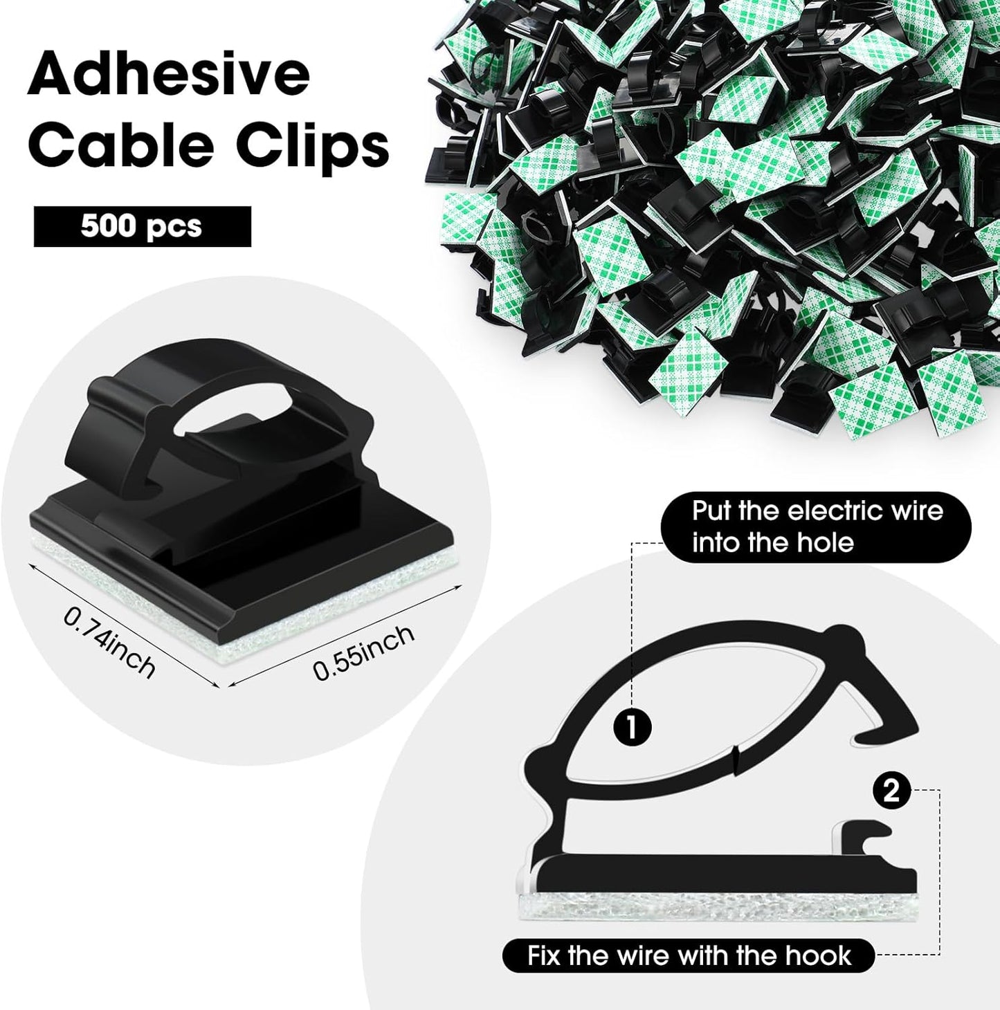 EBOOT 500 Pieces Adhesive Cable Clips Wire Clips Cable Wire Management Wire Cable Holder Clamps Cable Tie Holder for Car, Office and Home
