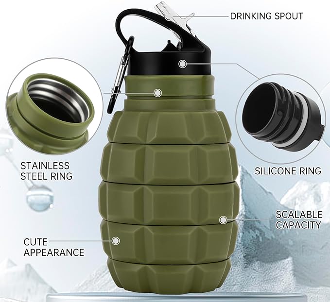 QiCheng&LYS Collapsible Water Bottle Sports Bottle 19.5OZ/580ml Travel Water Bottle for men women kids. BPA Free Food Grade Silicone. (Army green)