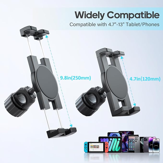 KDD Spin Bike Tablet Holder Mount, Adjustable iPad Phone Stand for Microphone Stand, 360° Rotatable Bike Handlebar Mount for Bicycle, Mic Stand, Fit for 12.9 Air Mini, Galaxy Tabs, iPhone(4.7-13”)