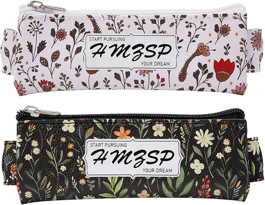 Adjustable Elastic PU Pen Holder for Notebook, Stationery School Supplies Zipper Bag for Journals, Book,Planners,Black Flower,2 PCS