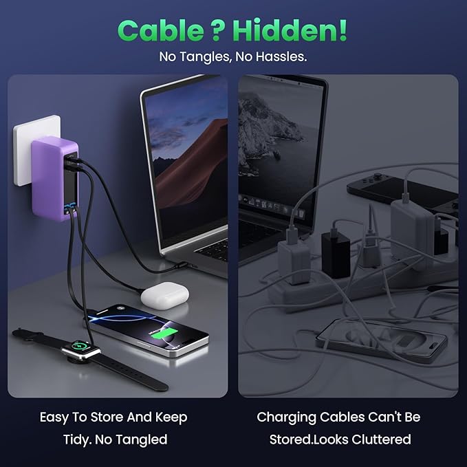 120W USB C Charger Block with 2 Built-in Retractable Cables,4-in-1 GaN IV Foldable Plug Wall Charger Fast Charging Station,PD 65W Laptop Adapter for Macbook/iPad,iPhone 16/15,Galaxy S24,Android-Purple