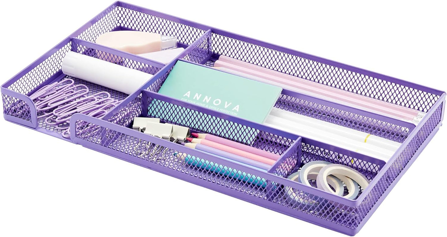 Annova Desk Drawer Organizer Tray for Office Organization - Metal Mesh - Storage Tray with Dividers for Pens, Desktop Accessories, Bathroom, Kitchen, Makeup and Office Supplies (Small, Purple)