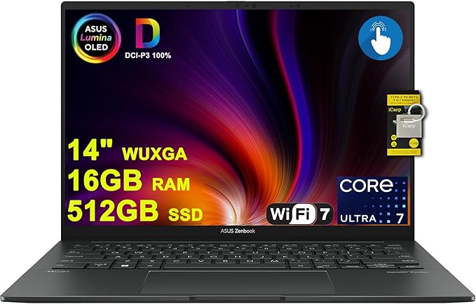ASUS Zenbook 14 Designer Laptop 14" WUXGA Lumina OLED Touch (500nits HDR, 100% DCI-P3) Intel 16-core Ultra 7 255H (Up to 13 Tops) 16GB DDR5 512GB SSD for Work Business Win11 ICP Hub w/Copilot AI