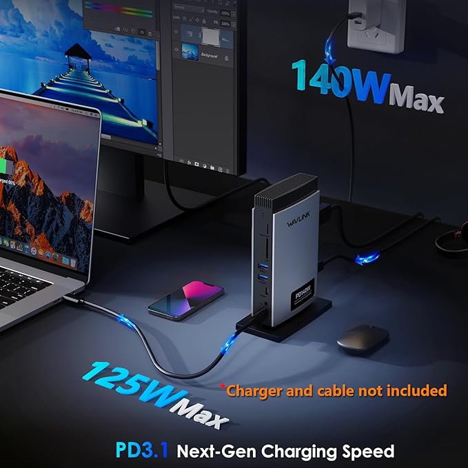 WAVLINK Laptop Docking Station 3 Monitors(Max Resolution: Single 8K or Triple 4K), 11-in-1 USB C Docking Station with 125W PD3.1 Pass-Through, HDMI + 2*DP, for MacBook M1/M2/M3/M4 & Windows, SD/TF
