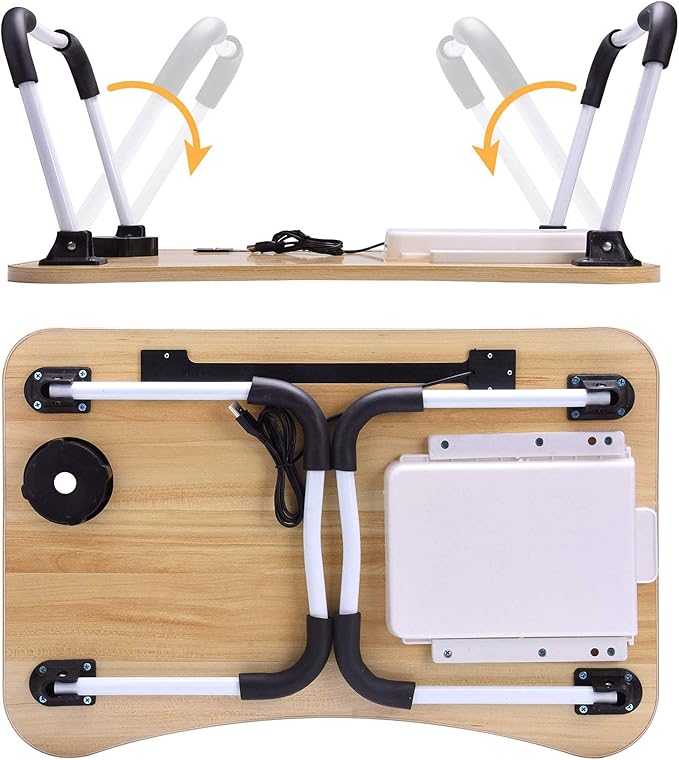 Slendor Lap Desk with Tablet Slot, Foldable Laptop Table with Storage Drawer for Bed，Portable Bed Desk for Laptop, Computer Tray with Cup Holder Notebook Stand Reading Holder for Couch Floor, Walnut