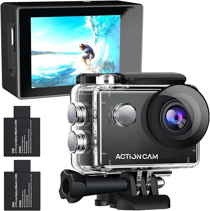 Action Camera 1080P 30fps Sports Camera 40m/131ft Underwater Waterproof with 2 Batteries and Multi-Function Accessory