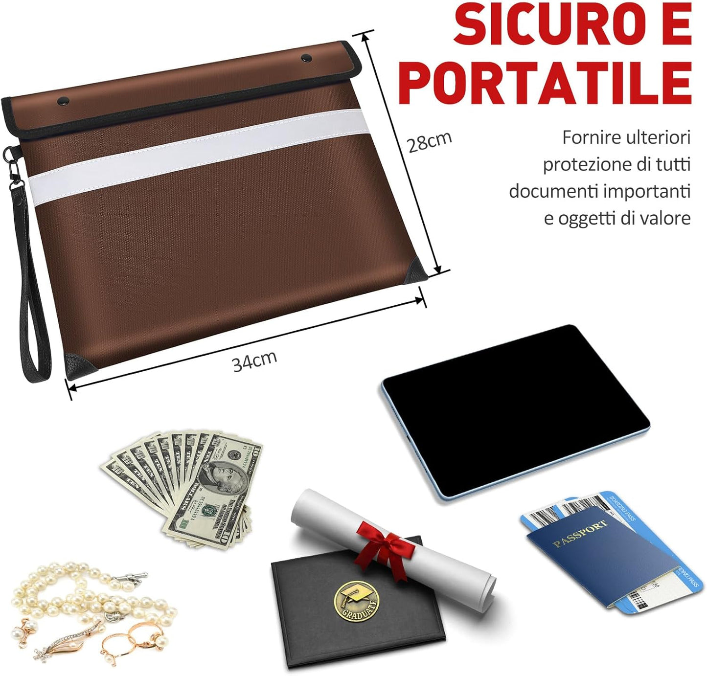 Vailoin 6200°F Heat Insulated Fire proof Money Bag with Soft Leather Hand Strap, FireProof Pouch with Water Resistant Zippe,Fire and Waterproof Envelope for Cash,Valuables,Jewelry(13.9"x10.6"，Brown)