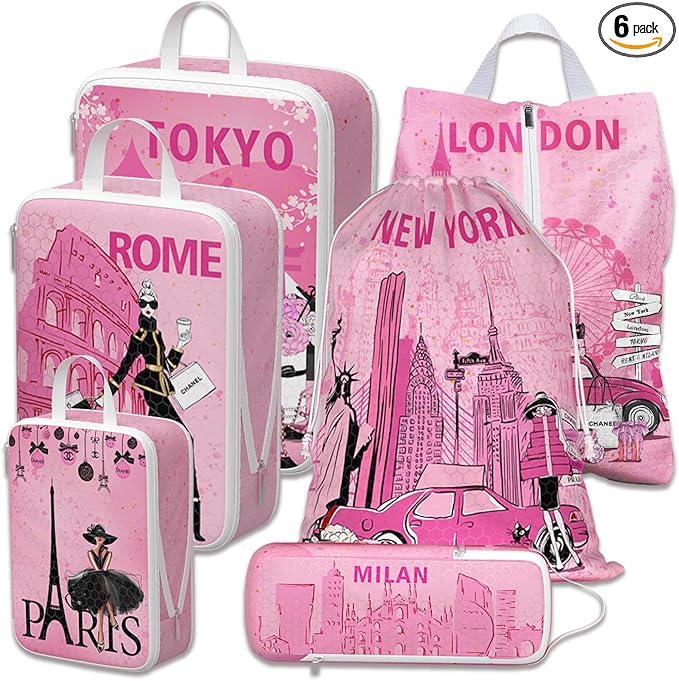 Compression Packing Cubes for Travel, 6 Set Pink Fashion Luxury Girly Luggage Organizers, Lightweight Waterproof Expandable/Compression Bags Smell Proof Travel Packing Cubes for Suitcases