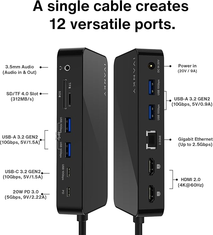 iVANKY FusionDock 1+ MacBook Pro Docking Station with 180W Power Adapter, 12-in-1 Dual 4K@60Hz USB C Dock for MacBook Pro/Air Thunderbolt 3/4 Dock HDMI 2.0, 96W PD, 6 USB, 2.5Gbps Ethernet SD/TF Audio