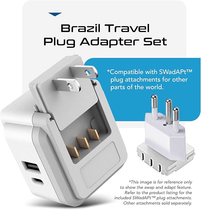 Ceptics Brazil Power Plug Adapter Travel Set, 20W PD & QC, Safe Dual USB & USB-C 3.1A - 2 USA Socket - Compact & Powerful - Also Use in Peru, Chile - Includes Type C, Type N Swadapt Attachments