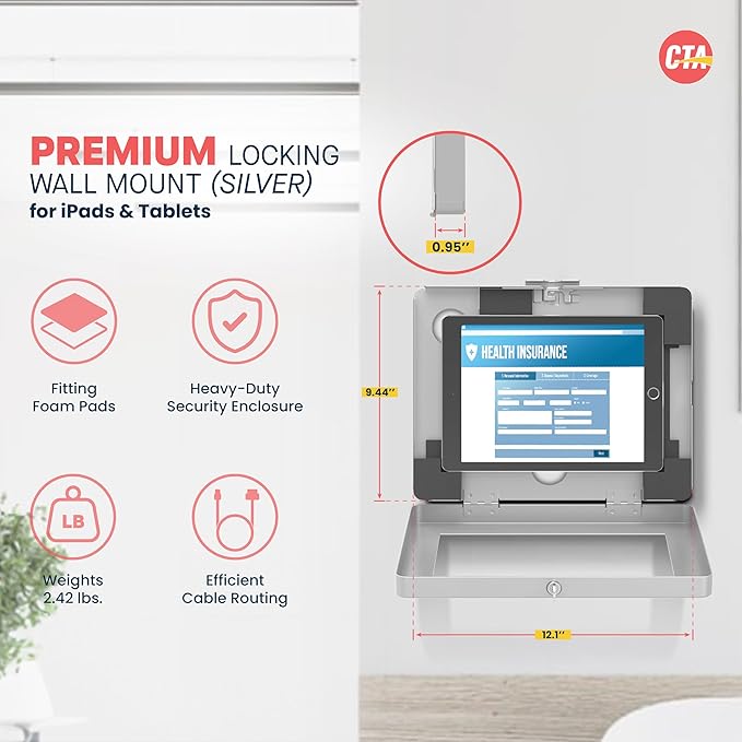 Locking iPad Wall Mount - CTA Anti-Theft Locking Tablet Enclosure for iPad 10.9" 10th Gen - A16 - Air 11 - Pro 11 Inch - 7/8/9 Gen - 10th Gen 10.2" - Pro 11" - Galaxy Tabs - (PAD-PARAWS)