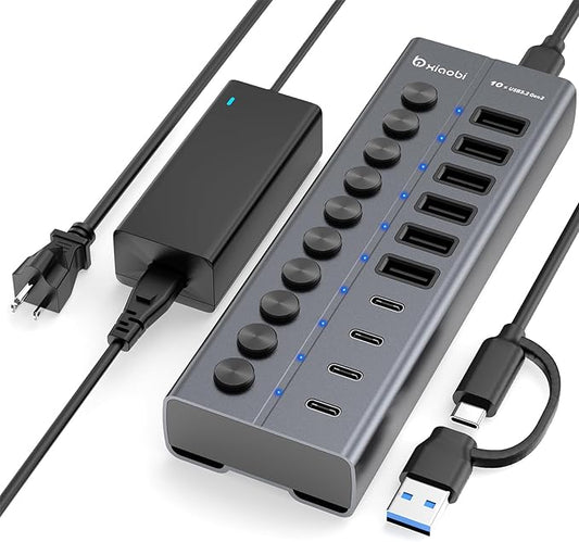 Powered USB Hub, 10-Port USB C Hub with 6 USB-A 3.2, 4 USB-C 3.2 Ports, Individual Switches and 12V/5A Power Adapter, Aluminum USB Extension for MacBook, Laptop/PC and More.