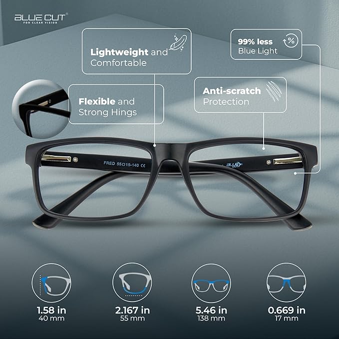BLUE CUT Blue Light Blocking Glasses for Men and Women – Anti-Fatigue Computer Gaming Glasses to Reduce Eye Strain, Black, 1.50 Magnification