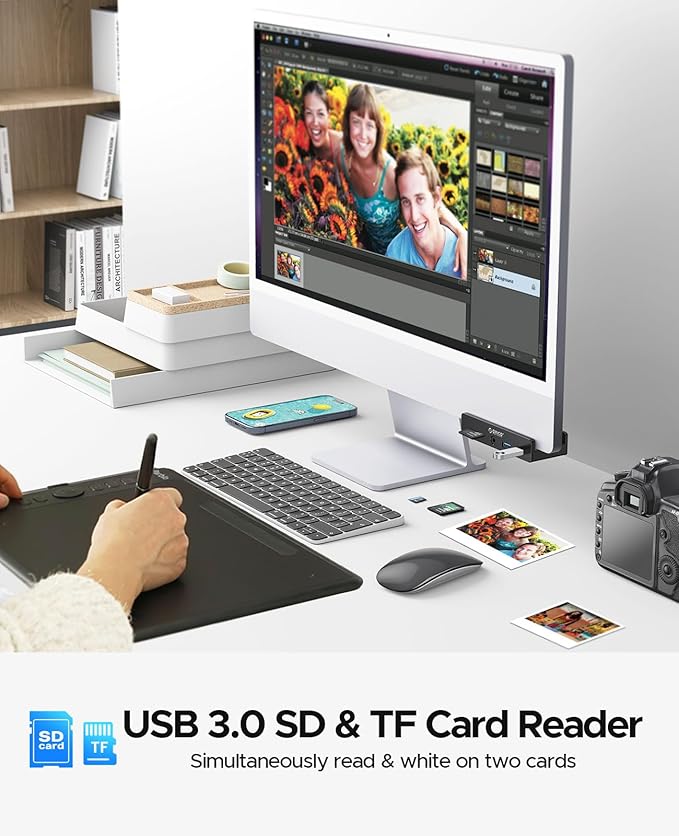 ORICO USB Hub 3.0, Clamp USB Hub with Extra Power Port, Aluminum USB C Adapter with 2 USB-A Data Ports,3.5mm AUX, SD/TF Card Reader for Desktop(Black)