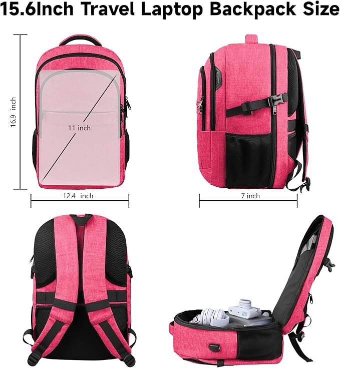 Lapsouno Travel Laptop Backpack, 15.6 Inch Travel Laptop Backpack, Water Resistant Casual Hiking Daypack, Computer Bag with USB Port, College School Business Backpack for Women, Pink