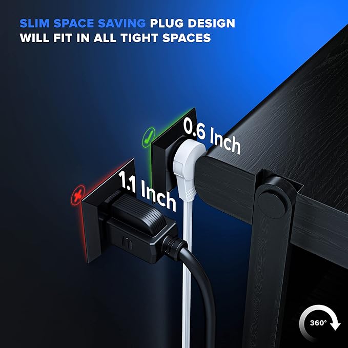 Maximm Cable 2 Ft 360° Rotating Flat Plug Extension Cord, 16/3 AWG Multi 3 Outlet 3-Prong Grounded Wire- White - UL Certified