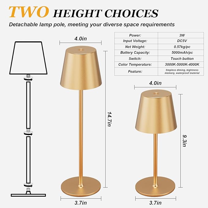 Cordless Table Lamp Rechargeable Gold - KK 2 Pack 5000mAH Battery Operated Lamp for Dining Table, 3 Color Stepless Dimming Waterproof LED Wireless Lamp for Counter, Outdoor Patio, Touch Control