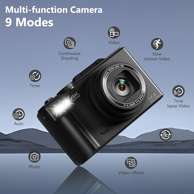 4K Digital Camera for Photography, 64MP Vlogging Camera for YouTube with 3" 180° Flip Screen, 18X Digital Zoom Point and Shoot Camara with 32GB Micro SD Card for Beginner (Black)