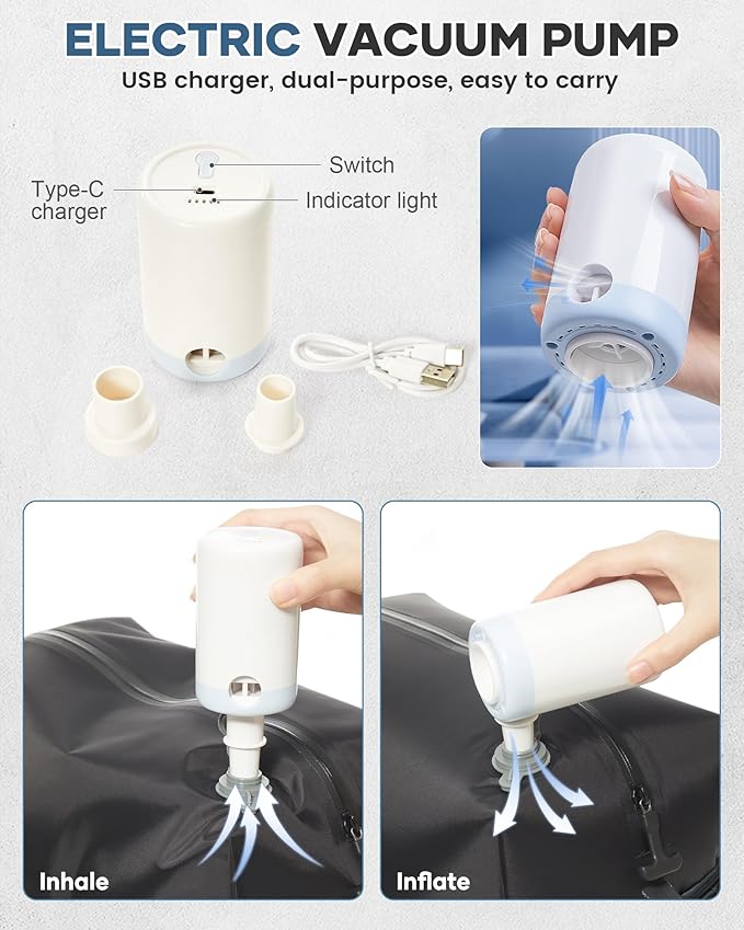 Vacuum Travel Backpack with Pump for Women,Personal Item Carry on Backpacks Flight Approved 18x14x8 inches for Men,Laptop Waterproof Work Compression bags Casual Daypack. Blue