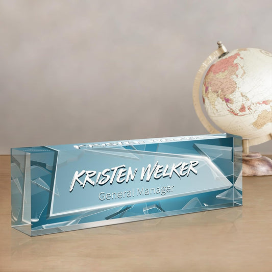 Gowellly Desk Name Plate Personalized - Custom Acrylic Name Plate for Desk - Enterprise Custom Logo/Text nameplates - Employee Appreciation Gifts (Broken Glass-1)