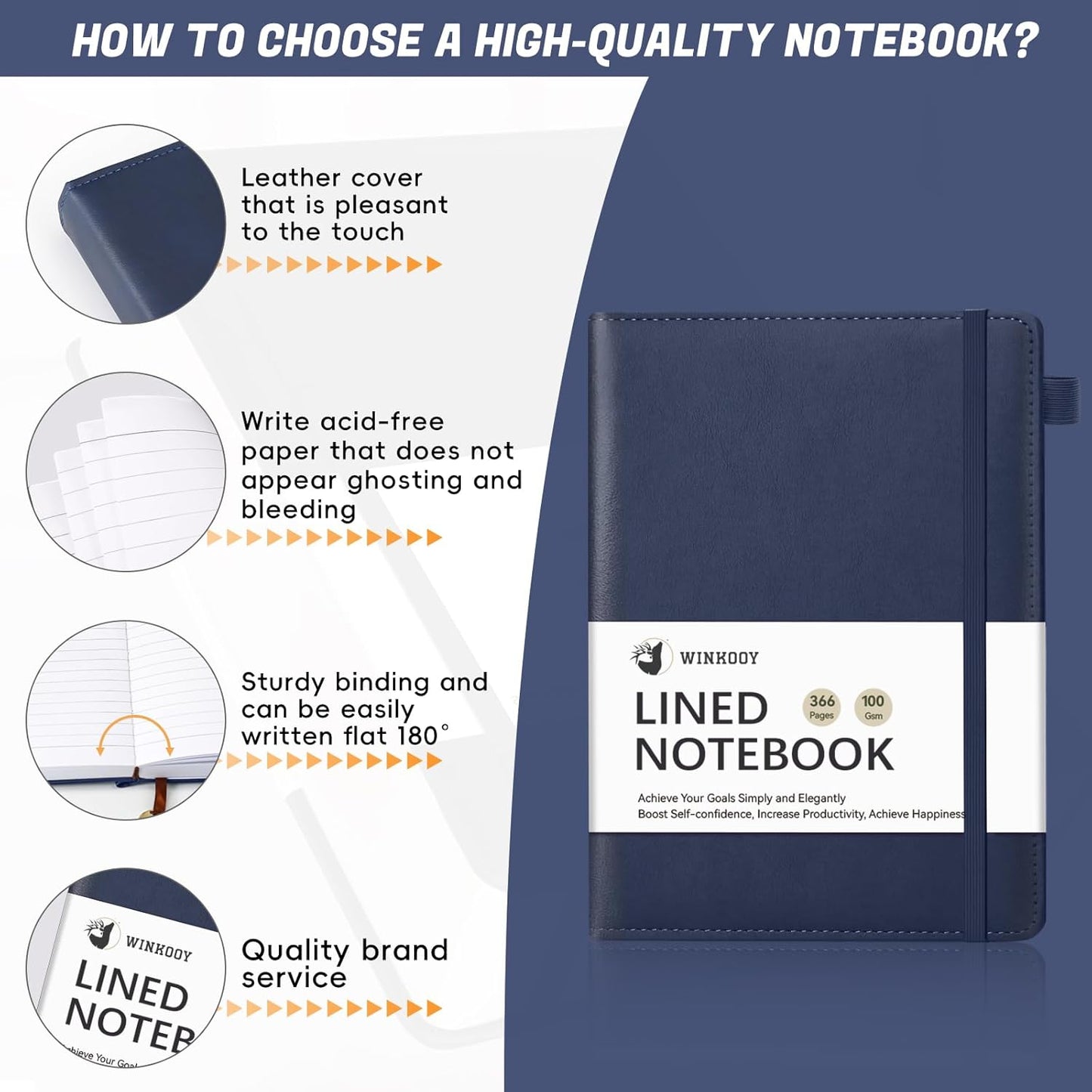 Lined Journal Notebook, 366 Pages, 100Gsm Leather Hardcover Journals for Writing Thick A5 College Ruled Classic Notebook with Pen Loop, Daily Journal for Women Men Travel Business Work Office