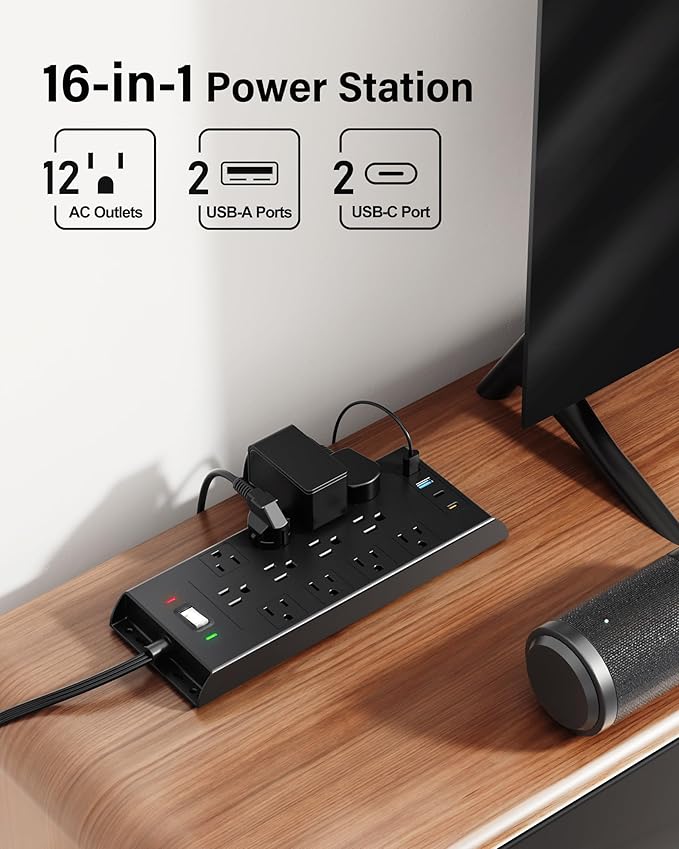 Surge Protector Power Strip 4800J, LeZone 15Ft Long Extension Cord Flat Plug, 12 Outlets 2 USB C 2 USB Ports, Wall Mountable, 20W Desk Charging Station, Black