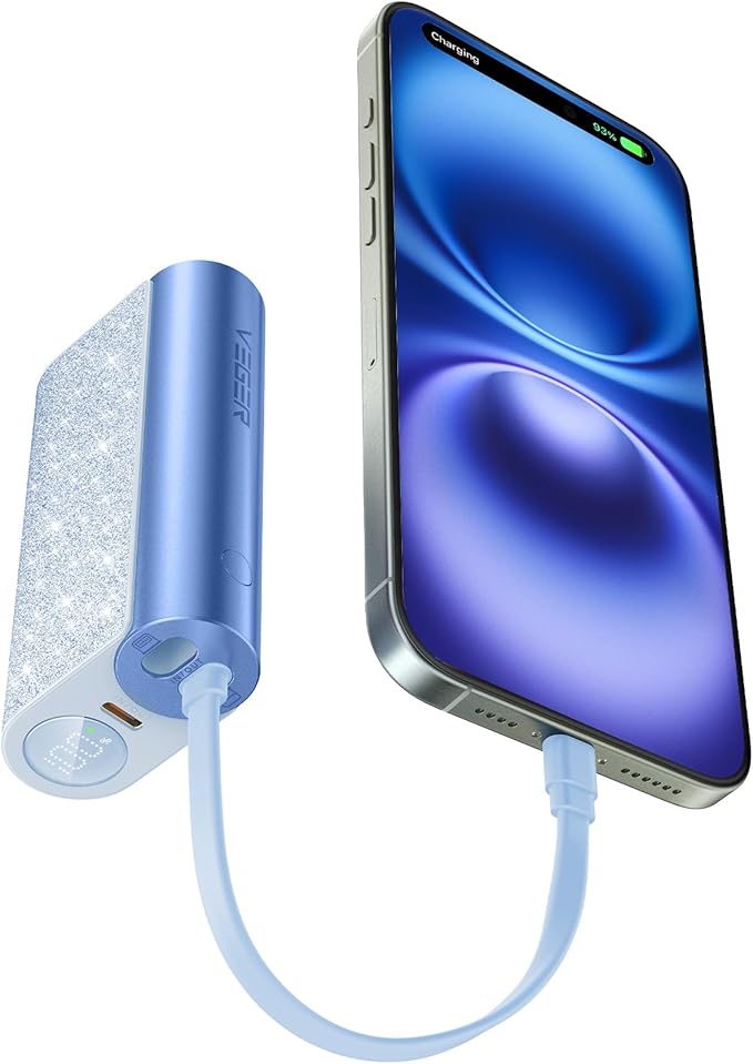 VEGER Compact Portable Charger with Built in Cable(Removable), 10000mAh Cute Power Bank 20W Fast Charging, Sparkling Battery Pack Fashion Travel Accessory Compatible with iPhone 15/14, Android-Blue