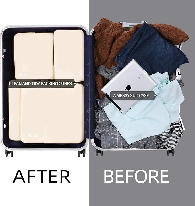 BAGAIL 4 Set/6 Set/8 Set Compression Packing Cubes Travel Accessories Expandable Packing Organizers (Cloth Pattern, 4-Beige)