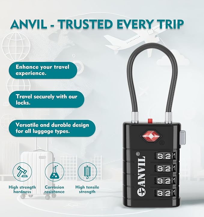 ANVIL TSA Approved Luggage Locks, 4 Digit Combination Travel Suitcase Locks with TSA008 Core and Open Alert Indicator, Zinc Alloy Body. (2, Black)