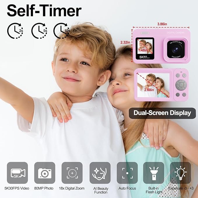 Upgraded 5K Dual Screen Digital Camera,80MP Vlog Photography Camera for YouTube,Campus,Travel,Compact Point & Shoot Camera for Teens & Beginners with Autofocus,18x Zoom,Anti-Shake,Purple