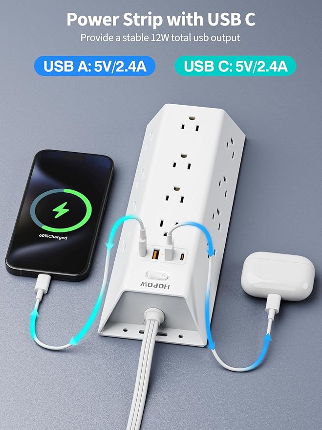 Surge Protector Power Strip, 5FT Extension Cord with 12 AC Outlets & 4 USB Ports (2 USB C), Wall Mount, Flat Plug Charging Station, 1700 Joules Surge Protector for Home Office, White