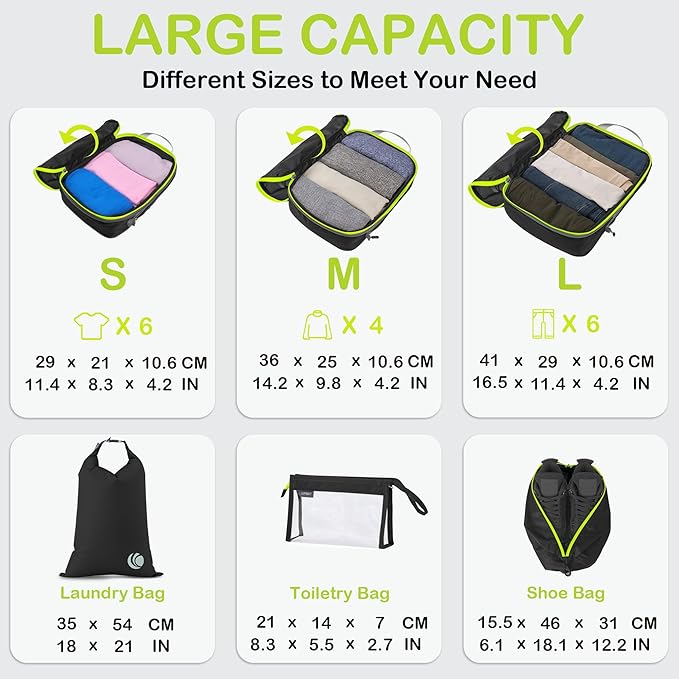 Cipway Compression Packing Cubes, Lightweight Travel Luggage Organizers with Shoe, Toiletry & Laundry Bags, Travel Essentials for Carry-on Suitcase (8 Piece, Black)