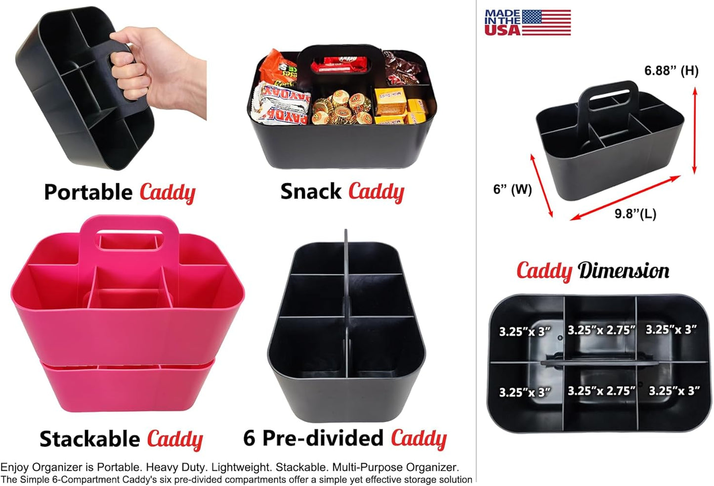 Small Stackable Plastic Caddy with Handle 6 Compartment | Desk, Makeup, Dorm Caddy, Classroom Art Organizers - 4 Pack, Made In USA (Hot Pink)