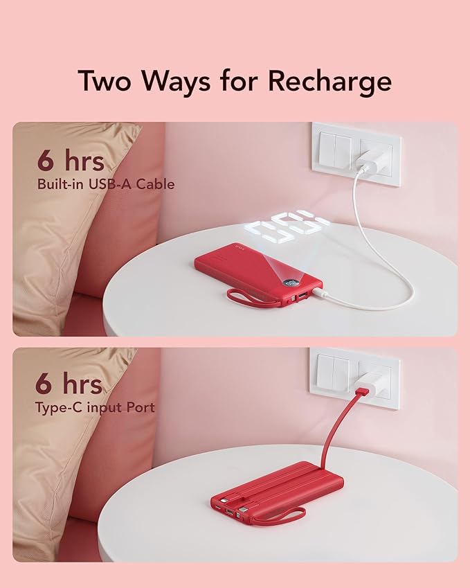 VRURC Portable Charger, 10000mAh Power Bank Built in Cables for iPhone, Slim Compact Travel Essentail, 5 Outputs 2 Inputs USB C Battery Pack for iPhone 16 15 14 13, Samsung, Android etc-Red