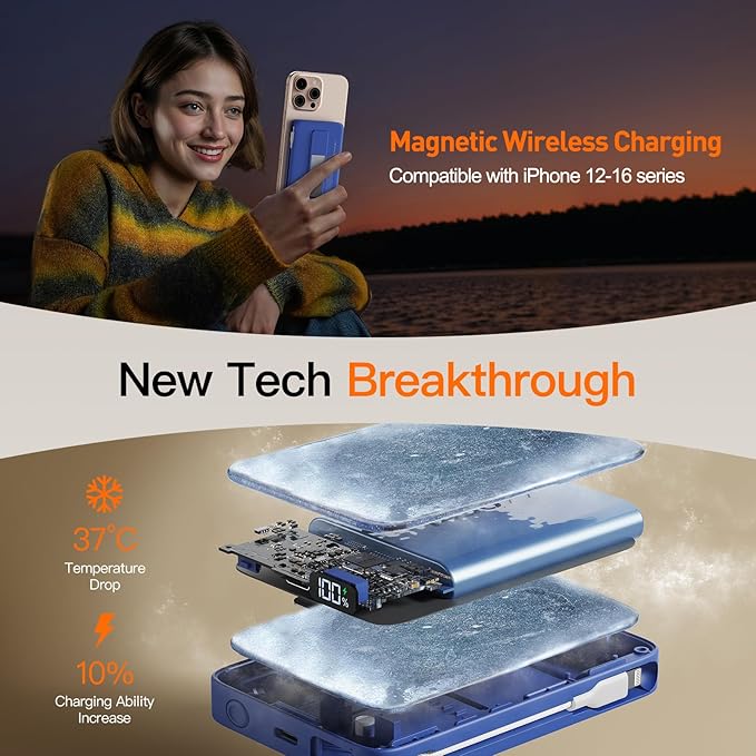 2025 Magnetic Battery Pack 16800mAh Mobile Power Bank, Portable Charger with Foldable Stand and Built-in Cable, 20W USB-C Fast Charging, Suitable for iPhone 17/16/15/14/13/12 Series