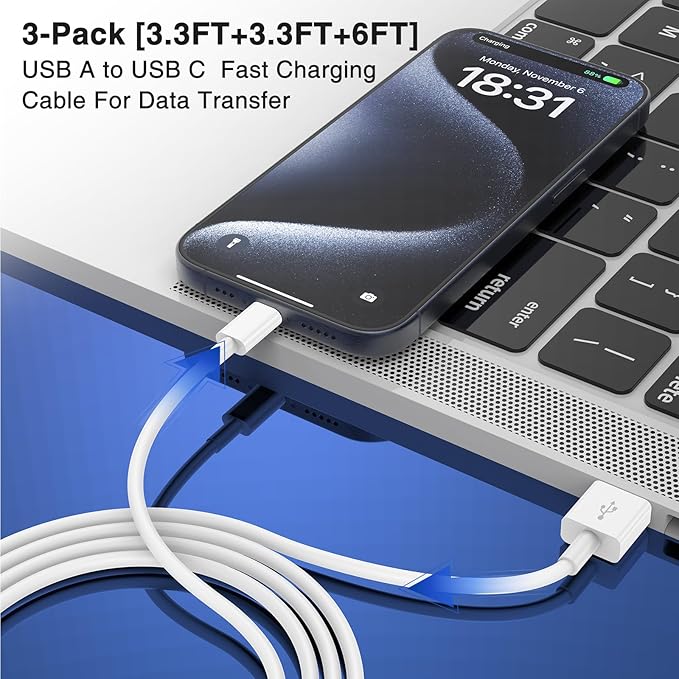 Car Carplay Cable for iPhone 17 16 15 Pro Plus Pro Max Air，3-Pack [3.3FT+3.3FT+6FT] USB A to USB C Cable for iPhone 17 16 15，for iPad Pro/Air/Mini，for Galaxy S25 S24，for MacBook Pro/Air and More