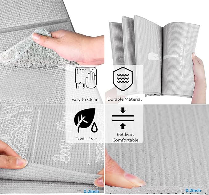 Foldable Yoga Mat for Women, Non Slip Exercise Mat for Home Gym, 5mm Travel Yoga Mats Set With Stretch Strap for Yoga Pilates and Fitness, 68"L x 24"W x 0.2 Inch Thick