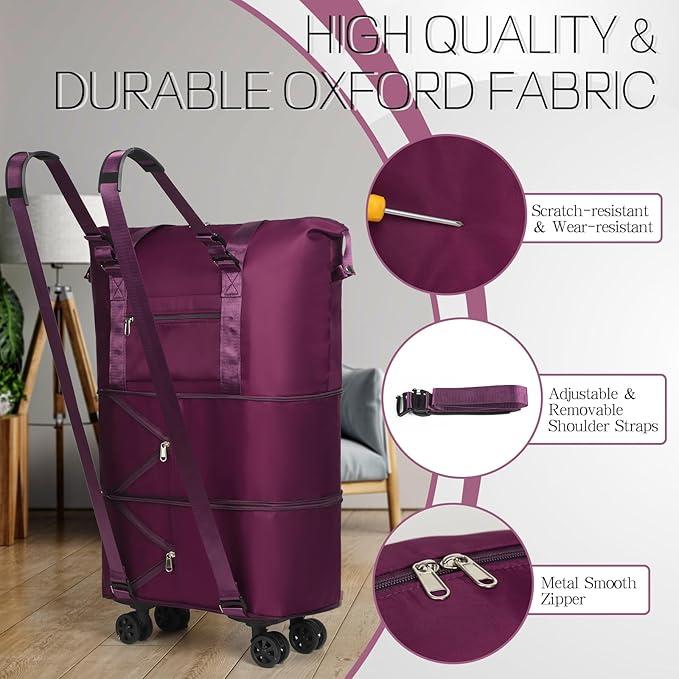 VOOWO Duffel Bag with Wheels - Rolling Foldable Expandable Duffle Bag with Wheel for Travel, Rolling Luggage Bag Carry On Travel Bag with Wheels, Large Wheeled Overnight Weekender Bags (Deep Purple)