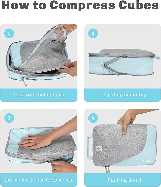 Hynes Eagle 6 Set/ 4 Set/ 2 Set Compression Packing Cubes Travel Essentials Lightweight Nylon Luggage Suitcase Organizer Bag Light Blue 4PCS