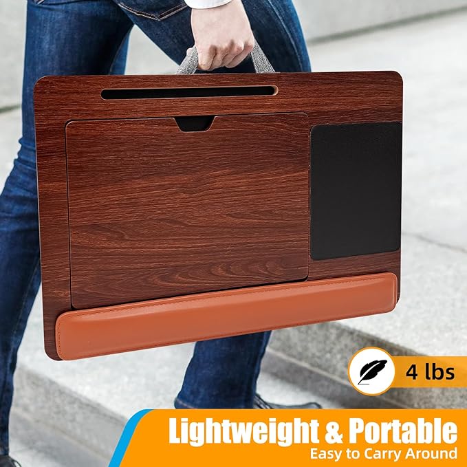 Adjustable Angle Laptop Tray with Leather Wrist Pad - Wooden Laptop Lap Desk with Soft Cushion, Laptops Table for Couch,Bed, Fits Laptops Up to 17 Inches, with Tablet Slot, Portable Handle, Brown