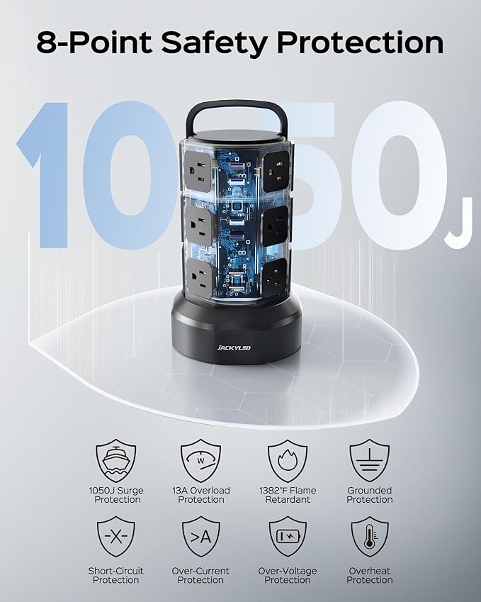 【10ft】 Power Strip Tower JACKYLED Surge Protector Electric Charging Station with 13A 12 Outlets 6 USB Ports Heavy Duty Extension Cord for Home Office Computer Nightstand Laptop Phone White Black