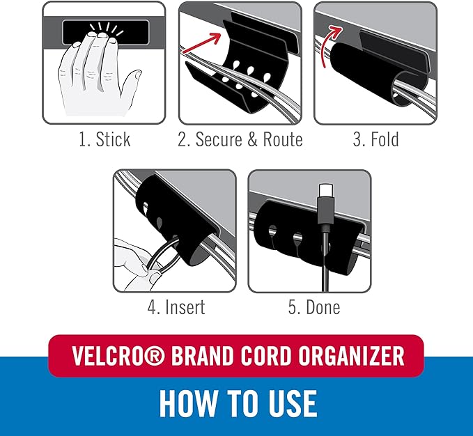 VELCRO Brand Cord Organizer for Desk Cable Management, Nightstand Organization, Unique Dual Function Cable Sleeve Cord Keepers Combo, Holds Wires for Easy Access, Route to Hide, Medium 2pk Black